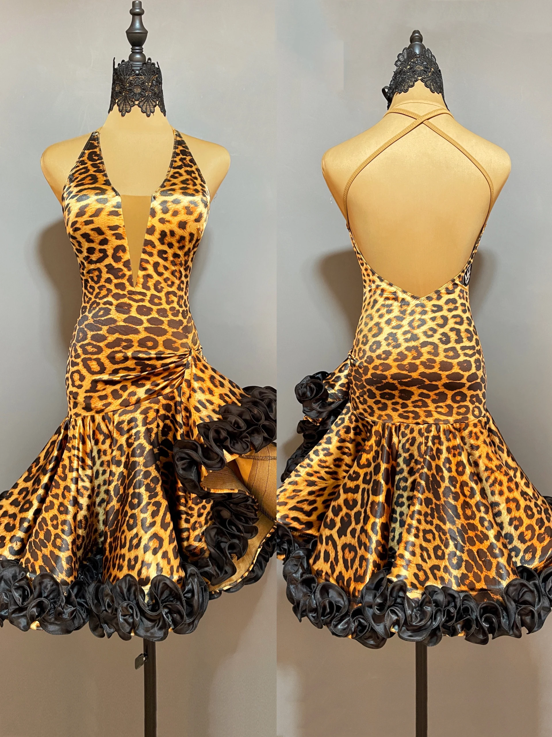 

New Latin Dance Dress Women Halter Neck Leopard Black Dresses Rumba Ballroom Dance Performance Costume Competition Dress JL5717