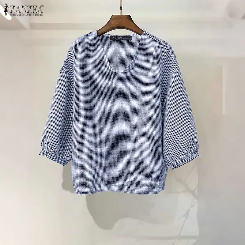 ZANZEA بلوزة كلاسيكية منقوشة موضة النساء على شكل حرف v 3/4 أكمام منتفخة ملابس علوية غير رسمية أنيقة مكتب الشارع الشهير Blusas السيدات تونك