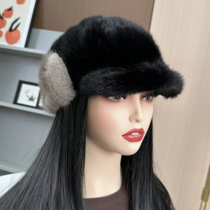 

Women's Fur Hat Fashion Real Mink Fur Earflap Cap Casual Warm Mink Fur Riding Cap WarmThick Outdoor Hat Female Black Fur Caps