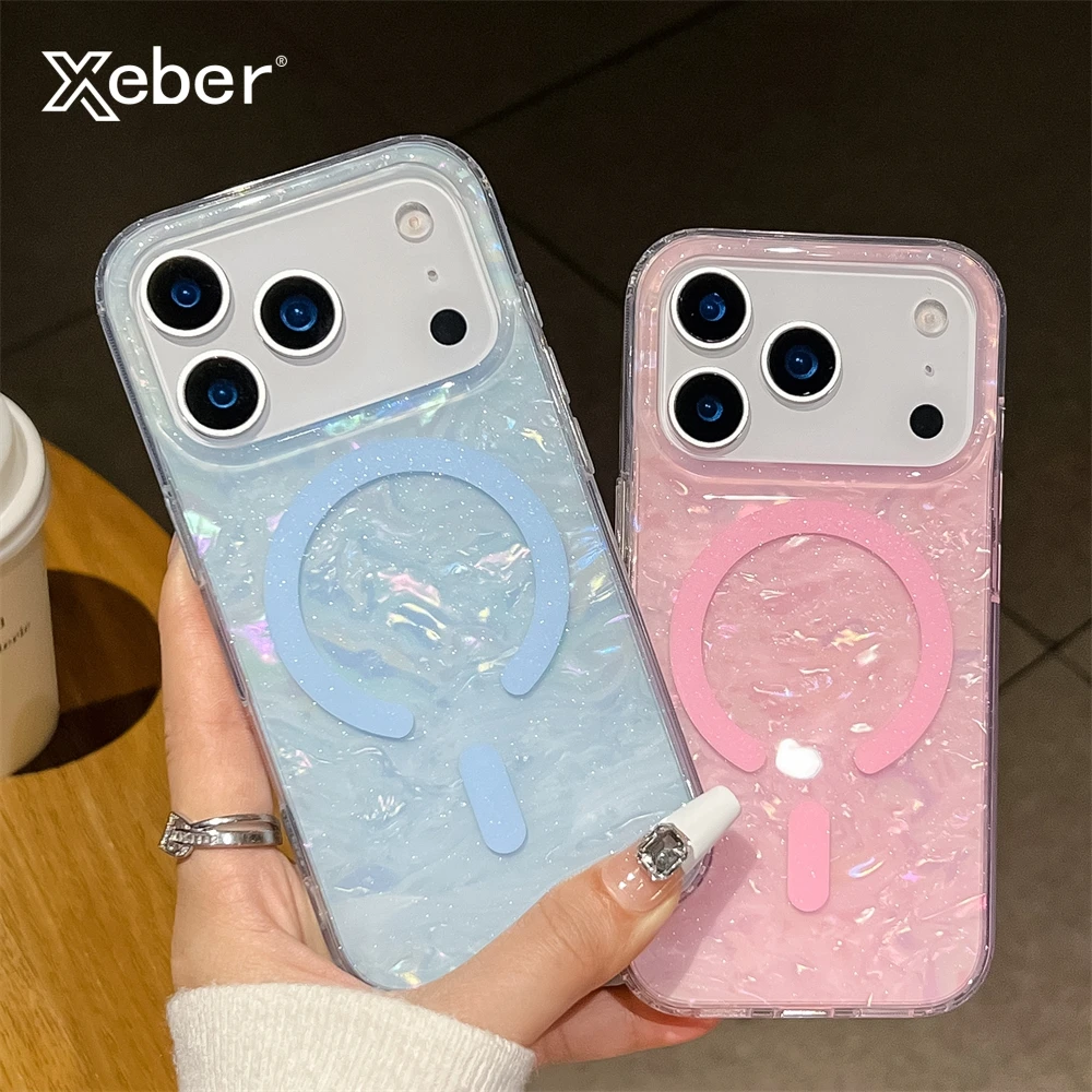 Glitter Shell Textur Magnetische Weiche PC Fall Für Magsafe Für iPhone 17 16 15 14 13 12 Pro Max Plus Drahtlose Lade Zurück Abdeckung