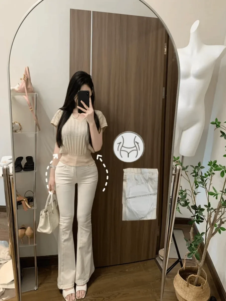 

High Waist Stretchy Denim Pants with Butt Enhancing Pads Double Bule Pure Desire Waist Cinching Flared Legs for Women