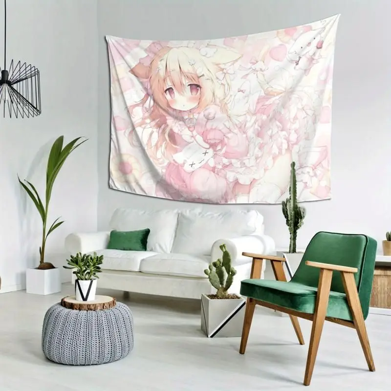 VIKAMA Pink Soft Cute Cat Ear Girl Lolita anime Tapestry Wall Hanging Home Decor for Bedroom Living Room Dorm Sweet Punch