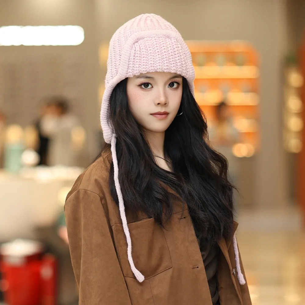 

Fashion Solid Color Knitted Flying Cap Windproof Keep Warm Ear Protection Hat Thickened Beanies Cap for Women