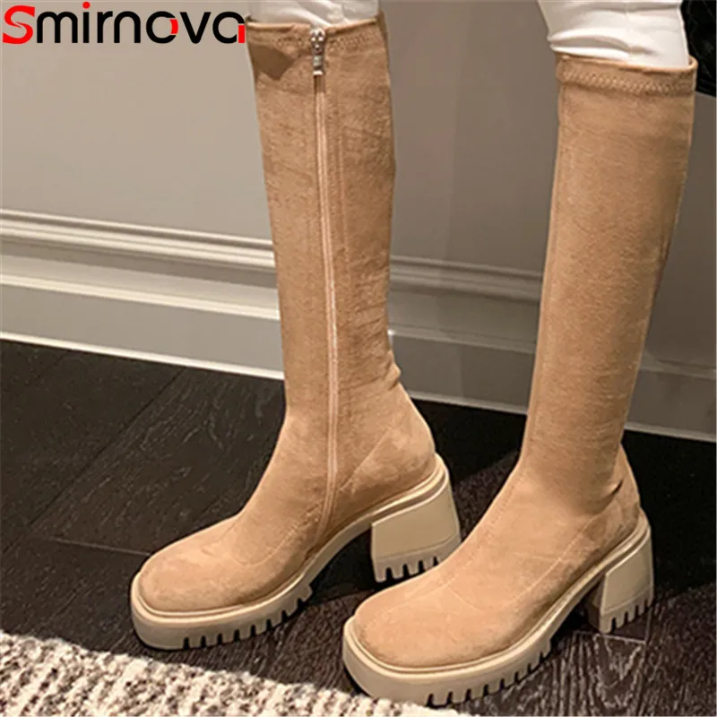 

Smirnova 2022 New Platform Knee High Boots Stretch Fabric Winter Women Boots Zipper Thick High Heels Dress Shoes