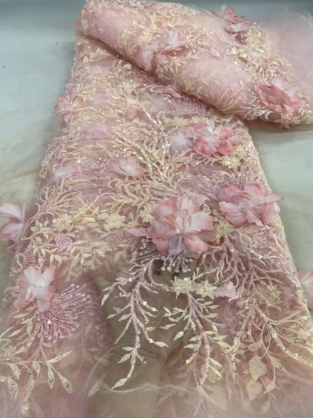 

Pink 3D Flower French Tulle Beaded Sequins Lace Fabric 5 Yards 2024 High Quality Nigerian African Lace Fabric For Wedding Party