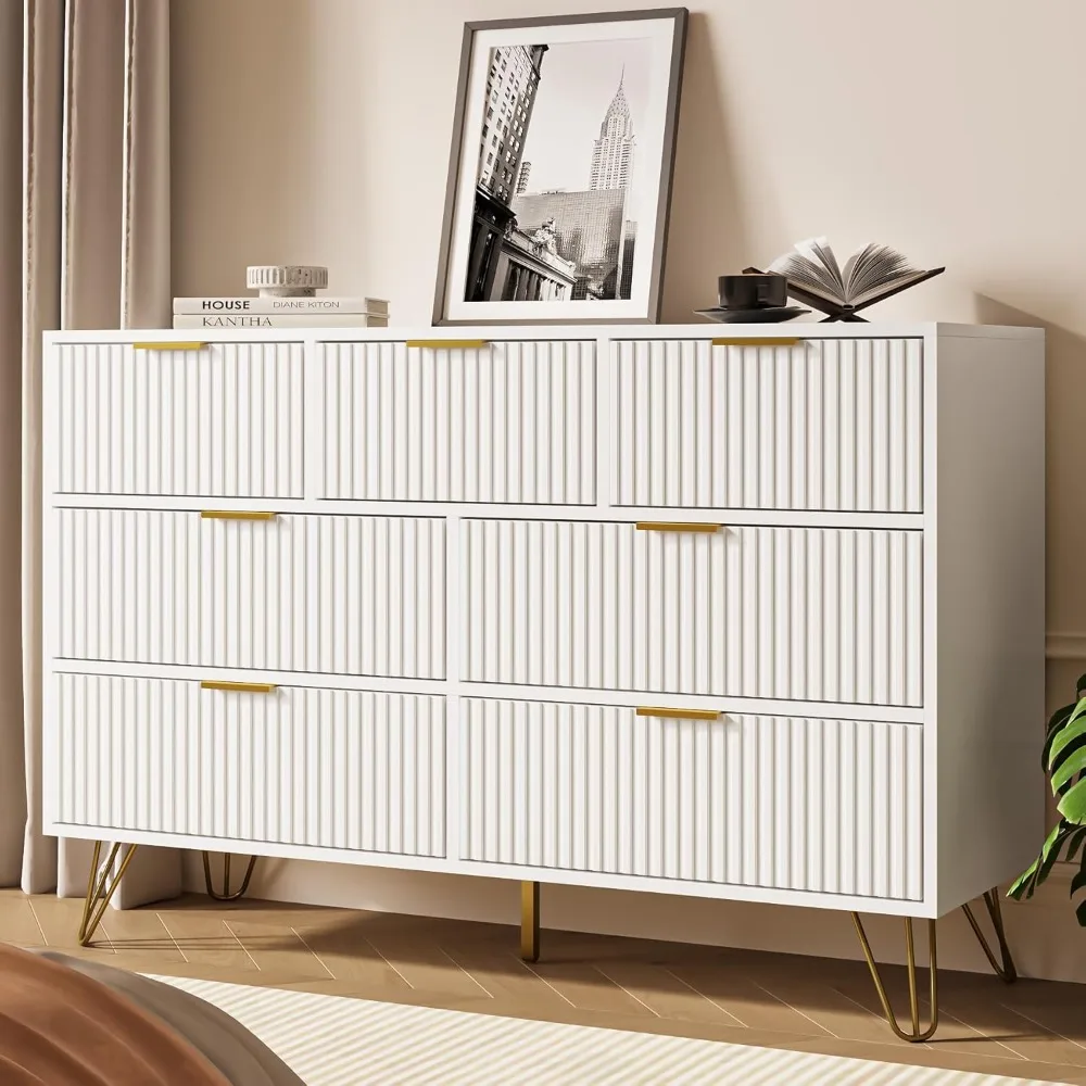 

White Dresser for Bedroom, 7 Drawer Dresser with Gold Pulls, Wide Chest of Drawers for Bedroom, Entryway, 47.2" L x 15.7" D x 31