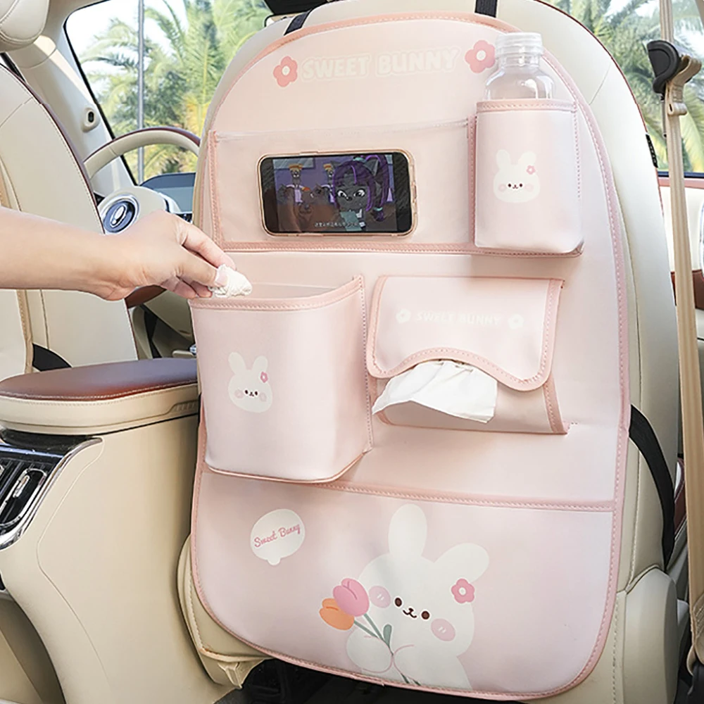 Cartoon Car Seat Back Storage Bag Leather Multifunction Car Backseat Organizer Cup Holder Tissue Holder Anti Kick Pad