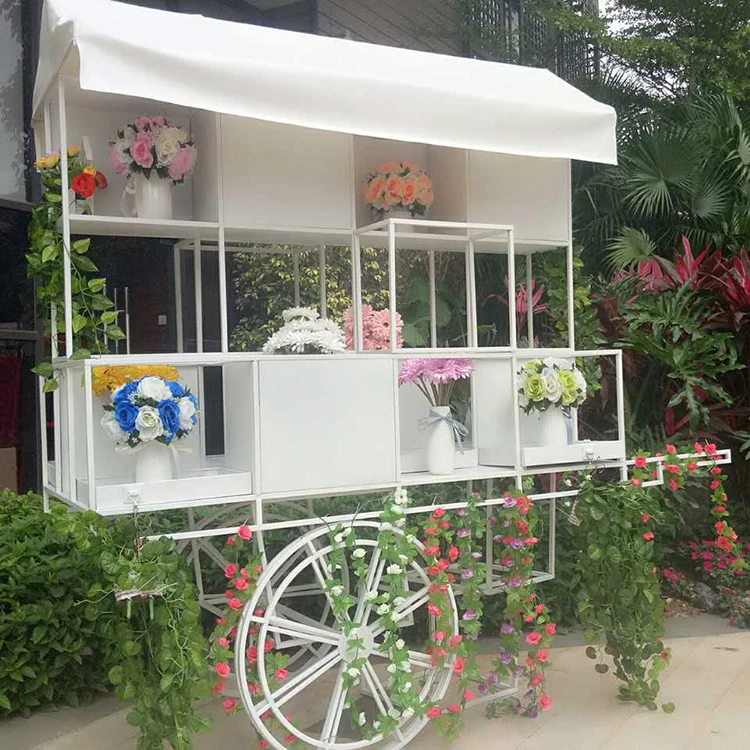 

Wedding Float Decoration Metal Flower White Candy Cart Food Cart For Wedding Outdoor Party Events