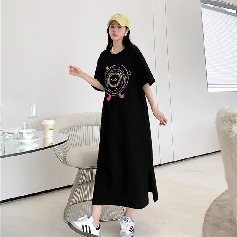 Plus Size Women's Dresses for 2024 Summer Cartoon Print Lady Loose Causal Vestidos Black Color Split T-Shirts Dress Female Robe