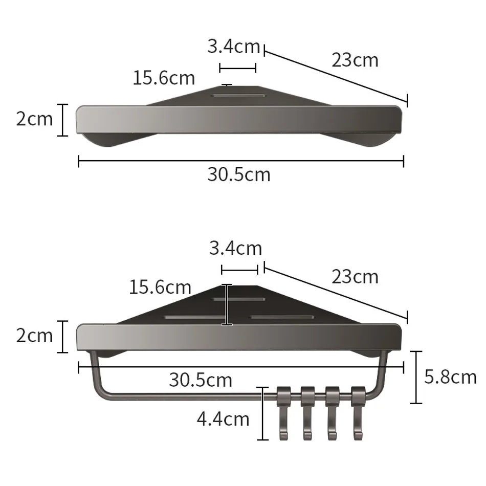 Bathroom Triangle Shelf with Hooks Grey Black Iron Metal Wall Mounted Lavatory Soap Storage Organizer Corner Rack for Kitchen