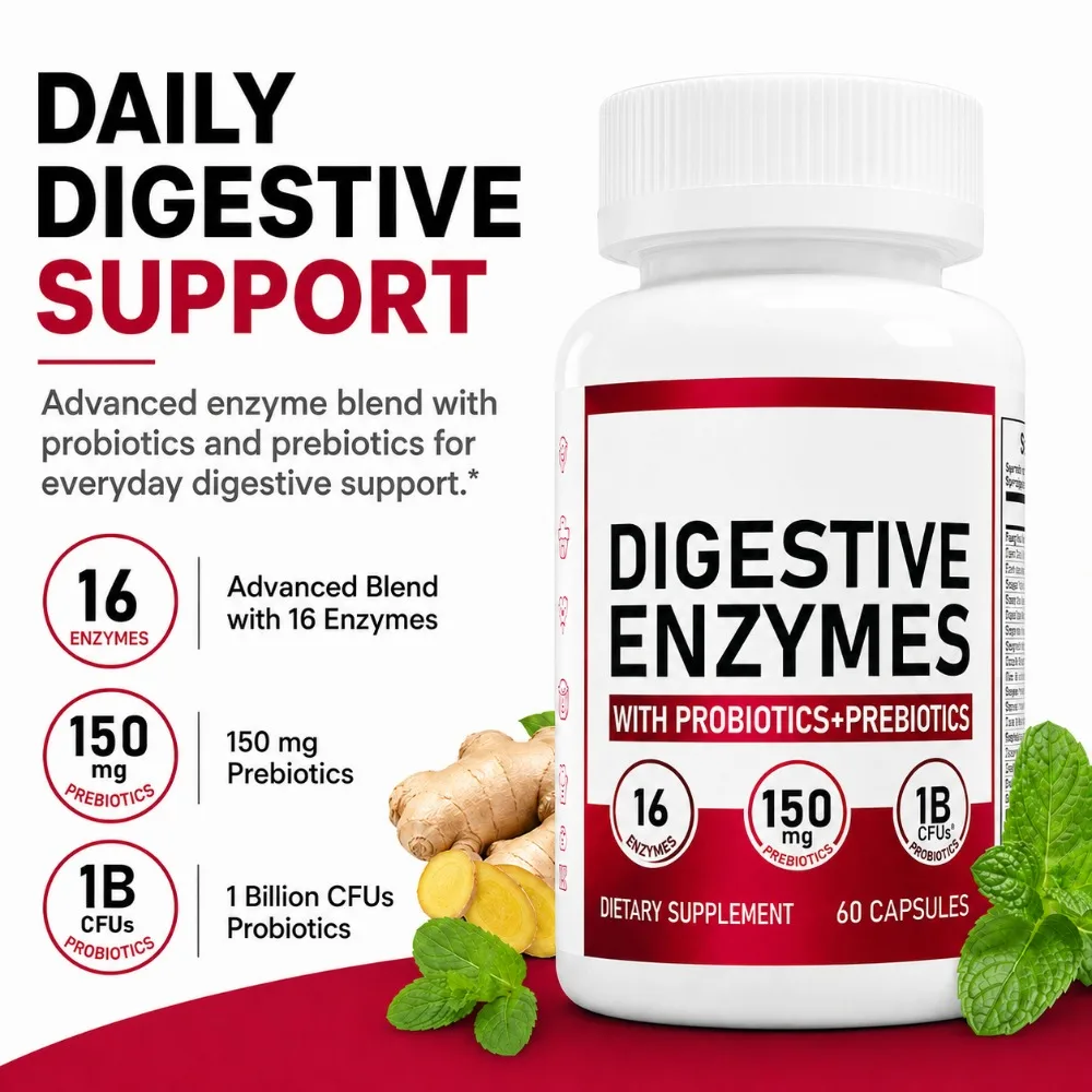 Digestive Enzymes with 1 Billion CFU Probiotics & Prebiotics for Gut Health, 16 Enzyme Blend, Ginger & Peppermint, 60 Capsules