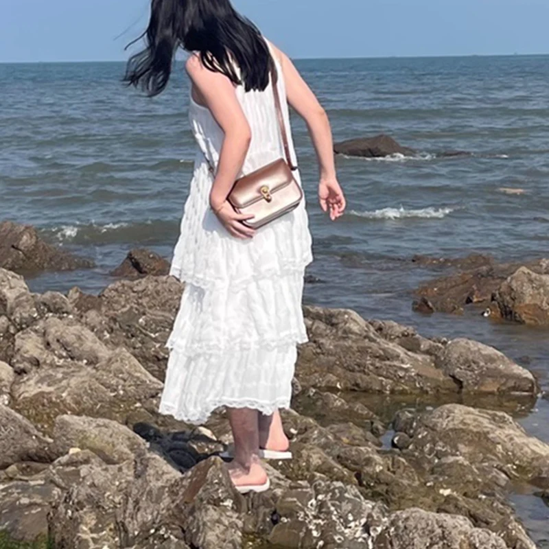 Vestido largo sexi de verano para mujer, vestido Vintage informal con volantes y tirantes Maxi, vestido veraniego para la playa, Vestidos de fiesta de encaje liso elegante