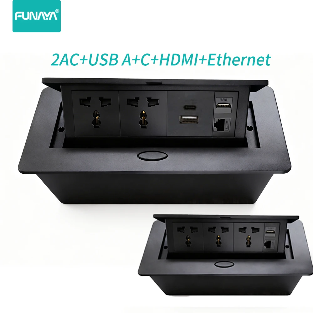 Universal Pop Up Hidden Socket 13A 3500W with USB 5V 2.1A Ethernet Outlets RJ45 HDMI Ports Black Desktop Office Power Sockets