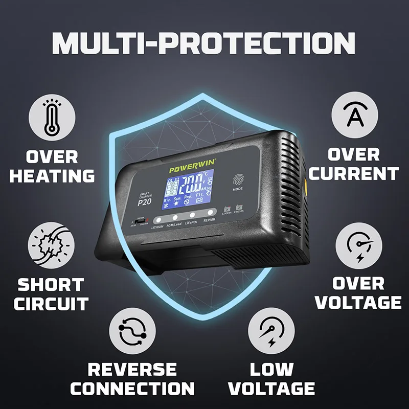 Imagem -05 - Powerwin P20 Carregador Inteligente de Bateria Automática Lcd 20a 12v20a 24v10a para Lifepo4 Agm Reparo de Pulso de Lítio Chumbo-ácido Bt100 Bt200