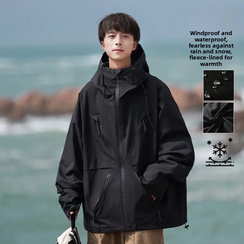 

Men's Winter Thiened Fce Lined Hooded Jaet Outdoor Windproof Waterproof Ski Suit Faionable Casual Youth ular Sle