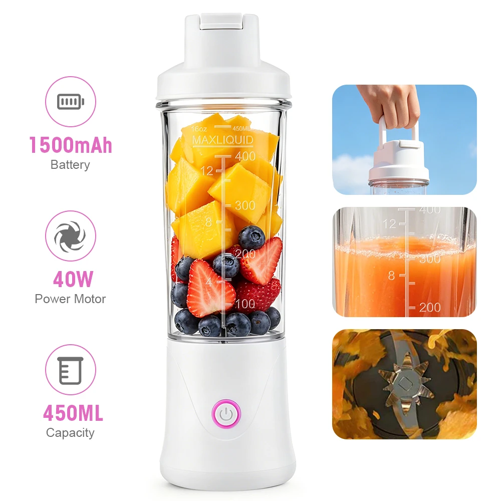 Exprimidor de frutas portátil, minibatidora de 450ML, taza eléctrica para jugos, 12 cuchillas, batidora recargable para batidos y smoothies, trituradora de hielo