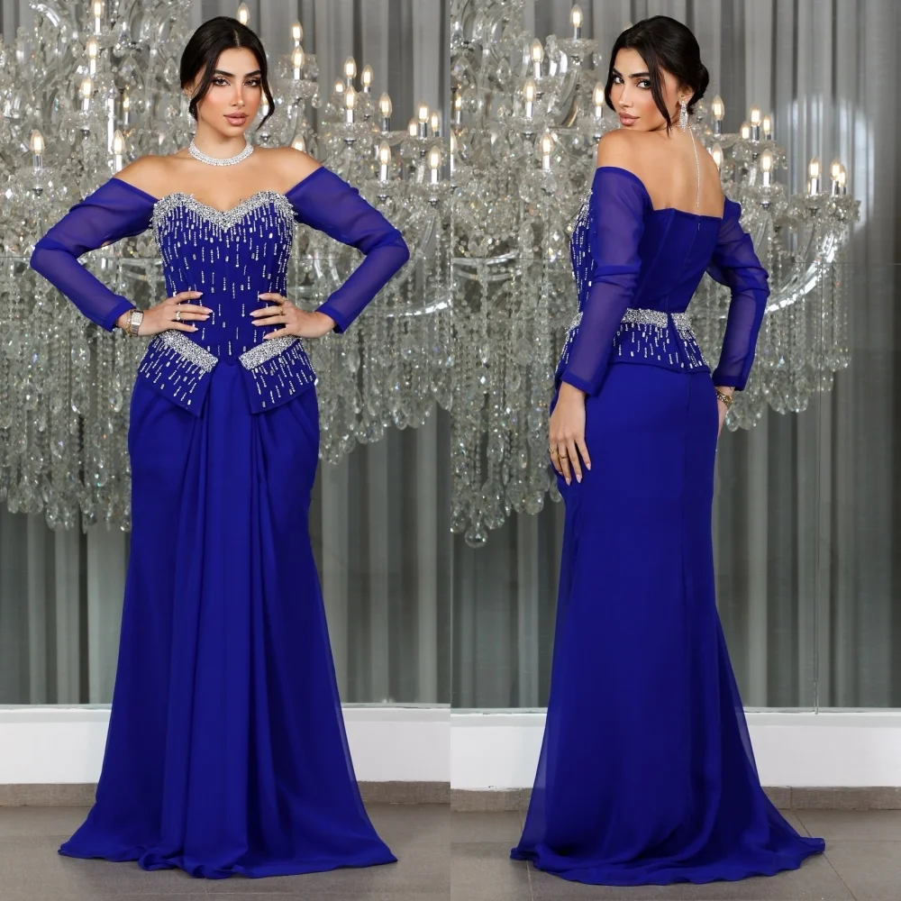 

Customized Chiffon Silver Rhinestone Pleated Off-the-shoulder Trumpet Floor-length Bespoke Occasion Women Luxury Evening Sparkle