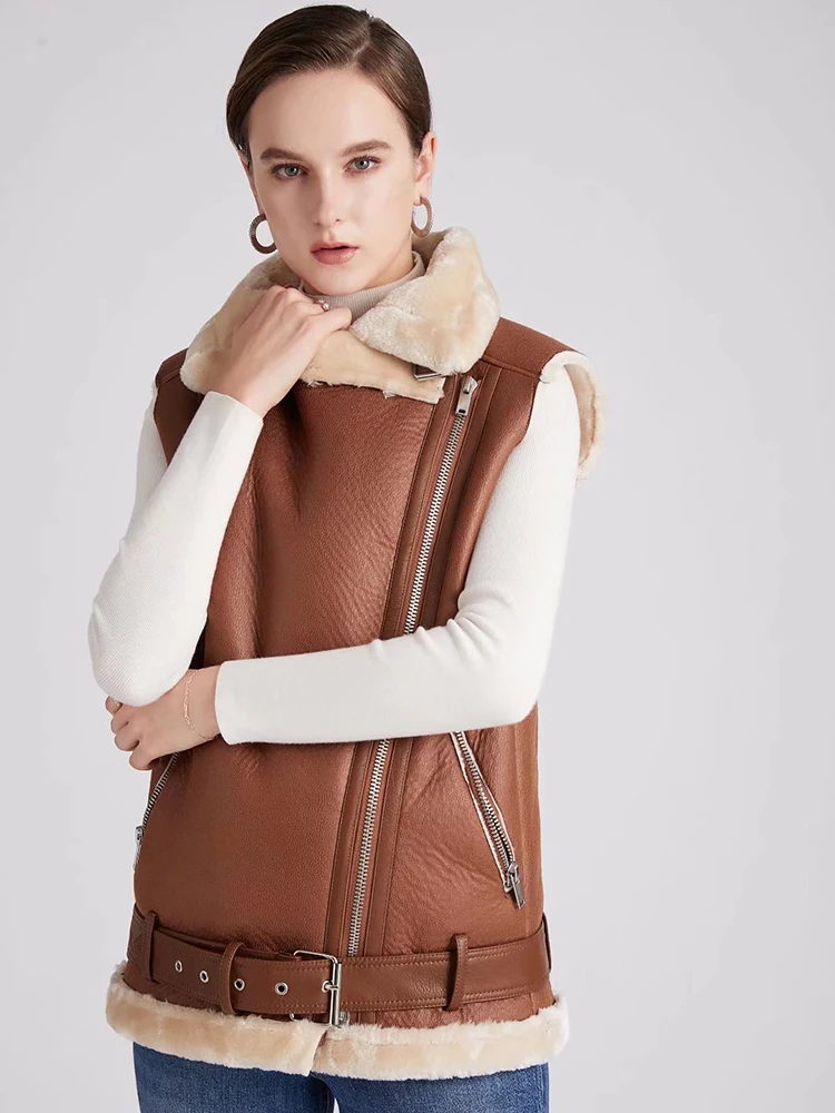 Faux Leather gilet in ecopelle kaki da donna sac 2023 Winter Fashion Feamle giacca in pelle con cerniera diagonale gilet in pelliccia finta da donna