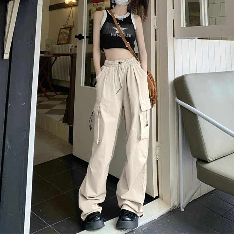 1pc Women Big Pockets Cargo Y2k High Elastic Waist Drawstring Baggy Trousers Vintage Casual Loose Side Zipper Straight Pants