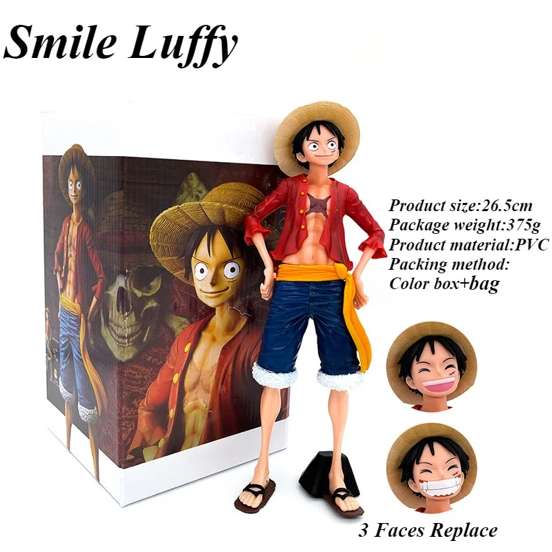 Figura Anime Colecionável Monkey D Luffy, Estatueta do macaco substituível, 3 Face Figure, Ornamento do quarto substituível, Holiday Gift, 26cm, 1 Pc