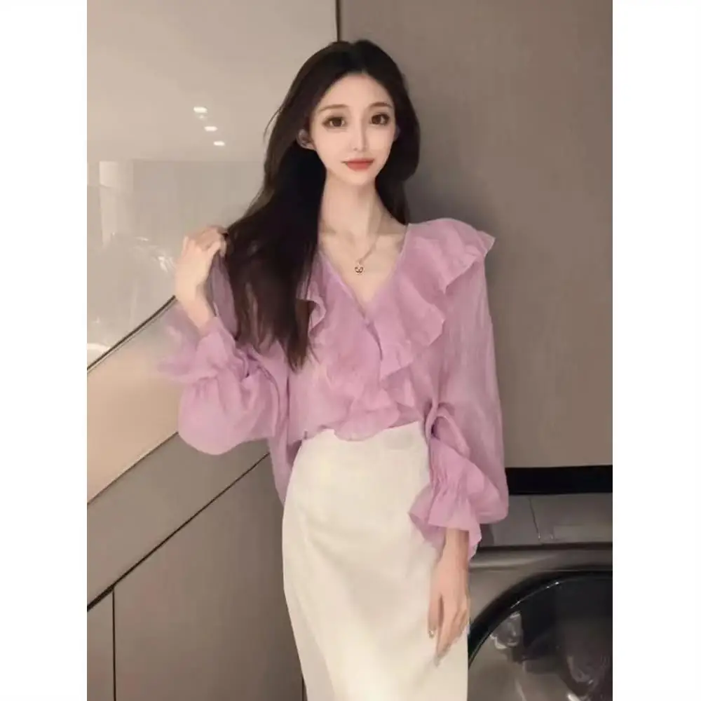 Pleated Ruffle Edge Shirt Women in Spring Autumn New Korean Version Niche Design Fashionable Temperament Casual Commuting Top