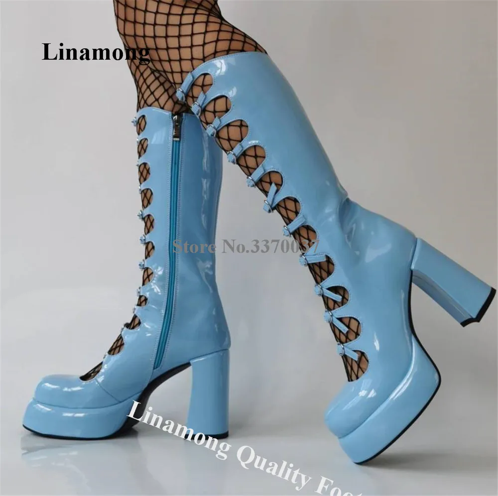 

Linamong Newest Cut-out Straps Buckles Chunky Heel Mid-calf Boots Sexy Round Toe Patent Leather Platform Thick Heel Long Boots