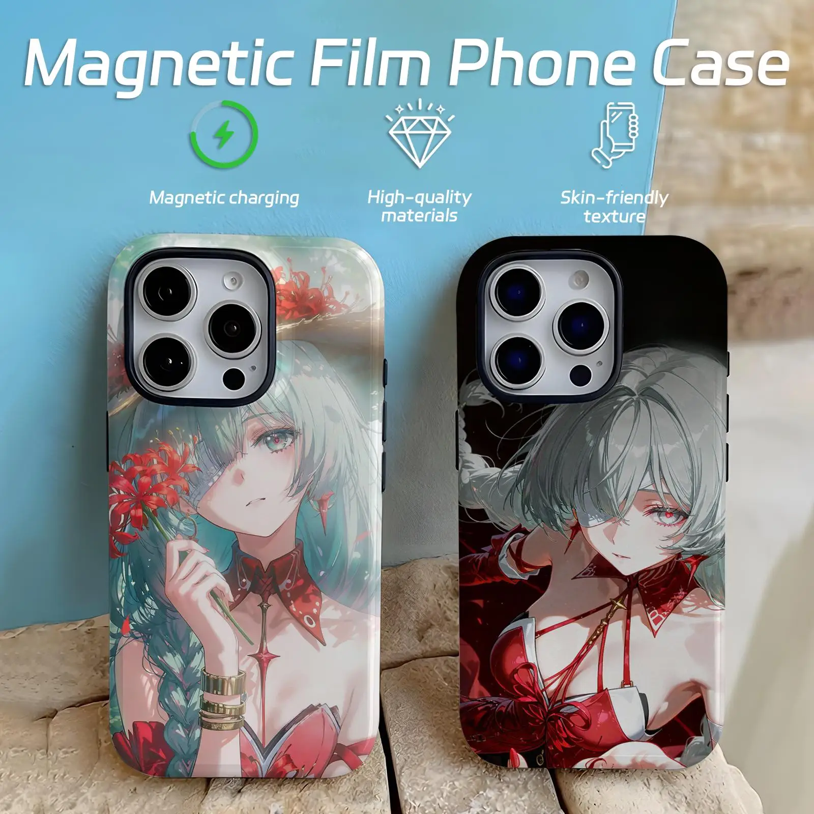 Coque de téléphone pour iPhone 17 16 16e 15 14 13 12 Plus Pro Max, étui magnétique brillant avec film protecteur Wuthering Waves PHROLOVA