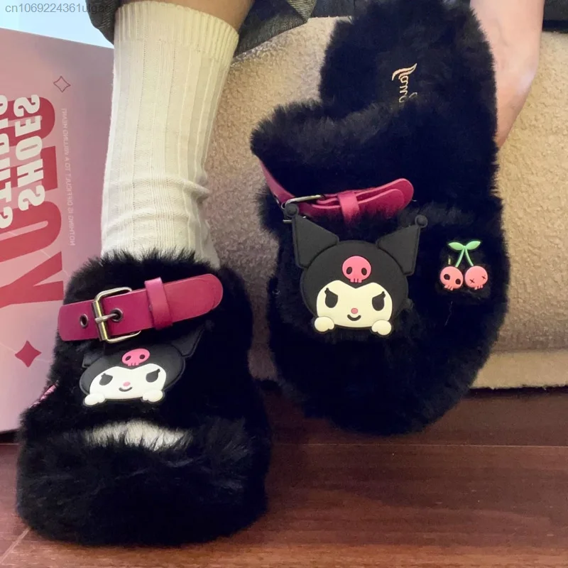 Sanrio Kuromi New Trend Fuzzy Slippers Y2k Girl Korean Fashion Thick Sole Shoes Women Cute Warm Plush Slippers Home Cotton Shoes