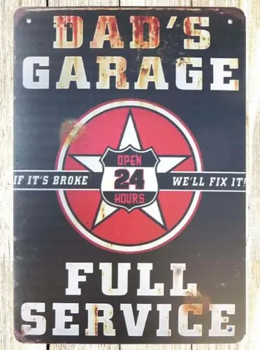 brewery pub wall art Dad's Garage Full Service tin metal sign