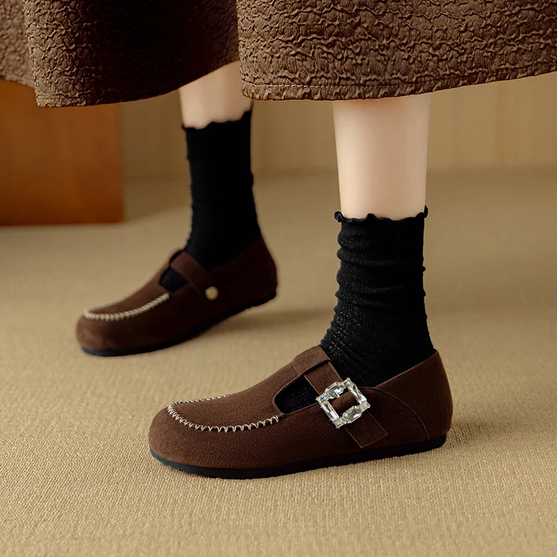 

2025 New Spring Cow Suede Leather Woman Shoes Round Toe Women Flats Shoes for Women Flat Heel Loafers Sheepskin Leather Shoes