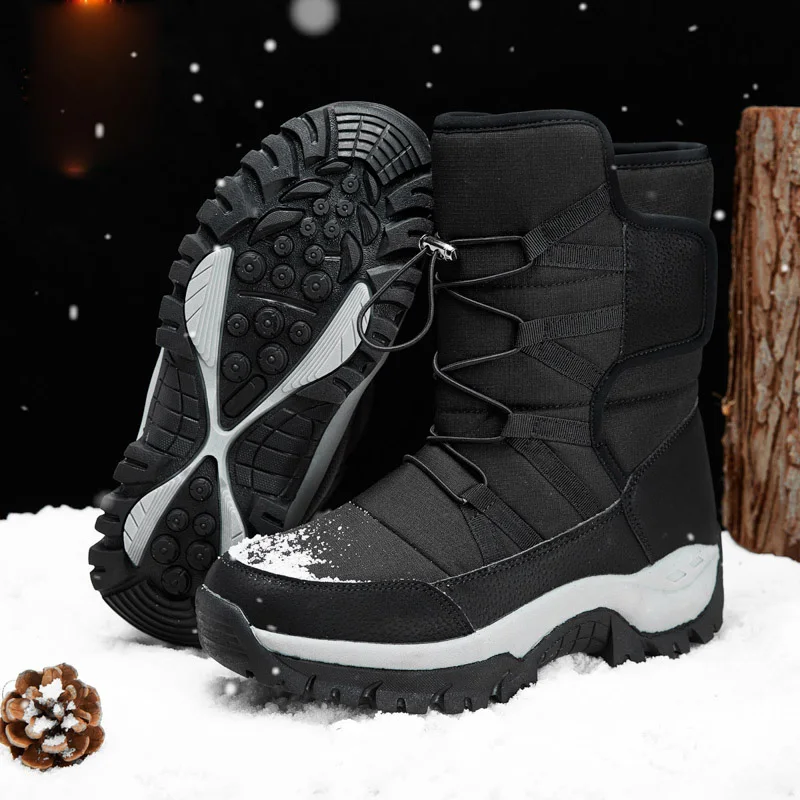 Unisex Snow Boots Warm Push Mid-Calf Boots Waterproof Non-slip Winter Boots Thick Leather Platform Warm Shoes Large Size 35-46