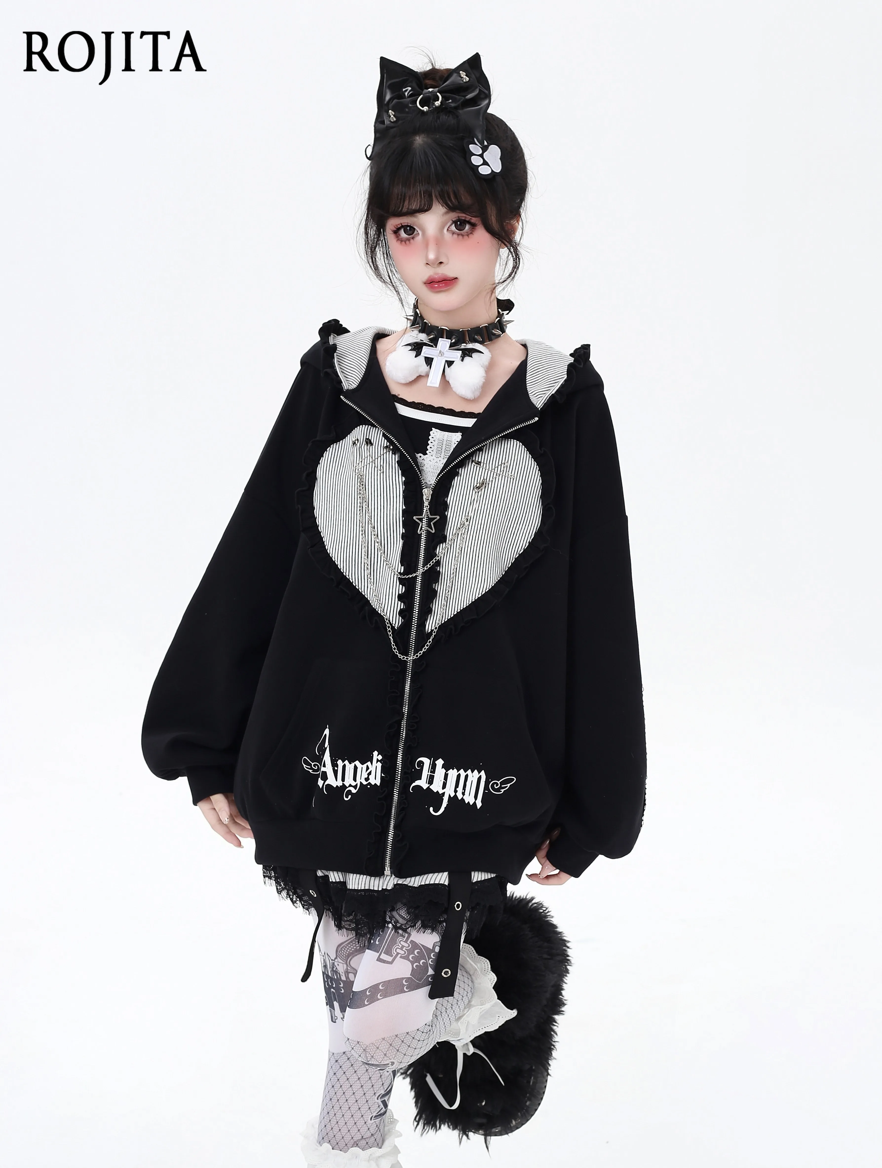 

Striped Rabbit Ear Patchwork Original Subculture Sweet Cool Hooded Design Loose Jacket Cool Girl Hoodies Autumn Winter