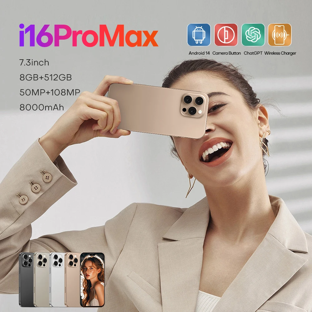 2024 New i16promax smartphone 8+512G Smart Island HD 6.7-inch screen with camera capacitor button Android 14, fast charge