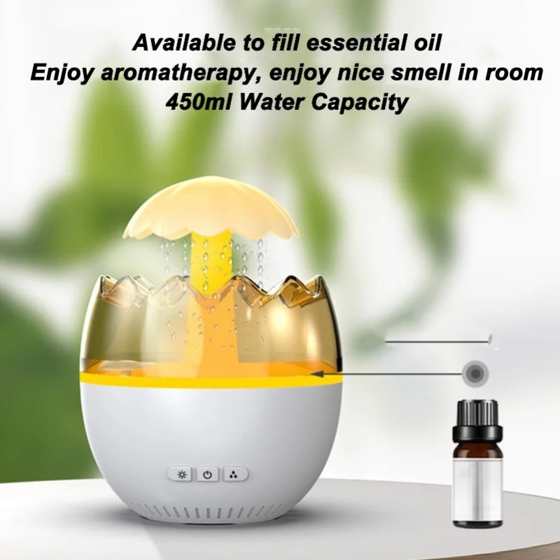 Water Drip Air Humidifier Type C White Noise Colorful Night Light 5h Timer Adjustable Rainfall 450ml Raindrop Aromatherapy