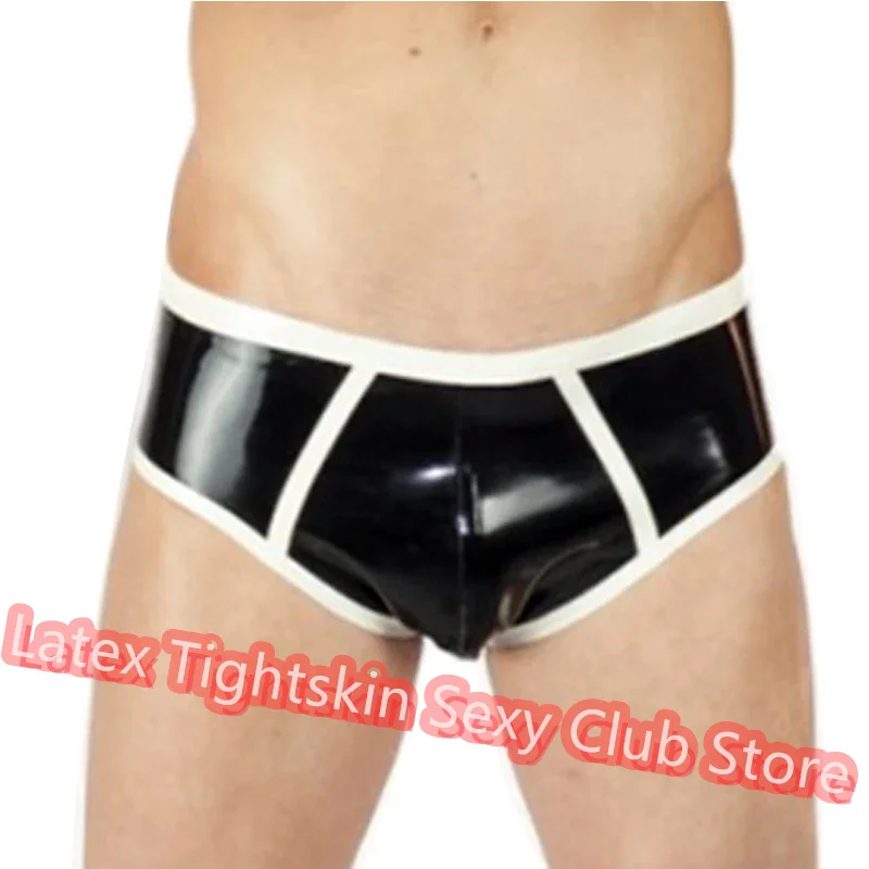 

Men Latex Briefs Panties Black with White Sexy Fetish Shorts Handmade Underwear Club Wear for Men Cosplay Costumes