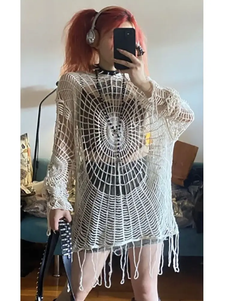 American Hollow Out Hooded Knitted Tops 2025 Summer New Spider Web T-shirt For Women Y2k Long Sleeve Loose Tee Shirt Sweater