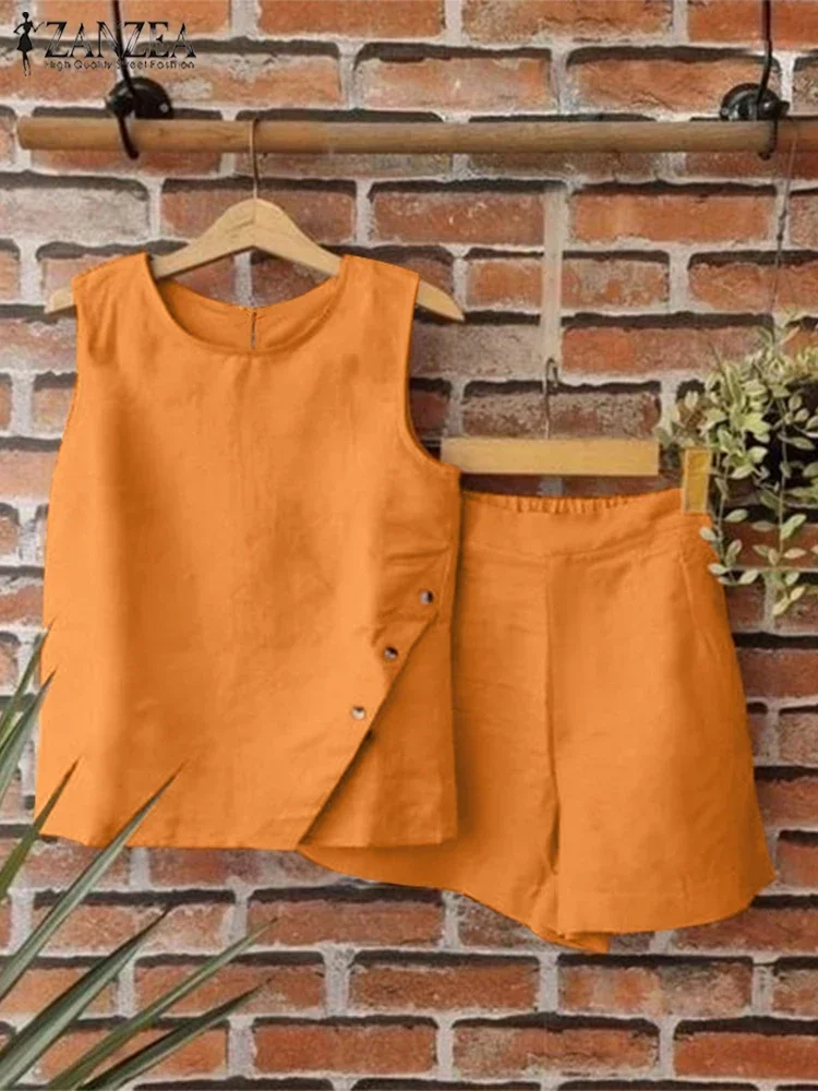 2025 ZANZEA Sommer Frauen Kurze Sets 2PCS Solide Trainingsanzug Taschen Mode Lässig Lose Ärmellose Tank und Shorts Passenden Anzüge