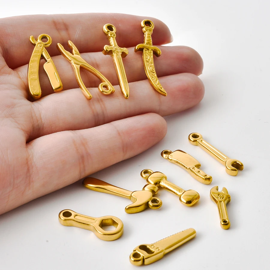5pcs/lot Stainless Steel Pliers Machete Syringe Wrench Scissors Abacus Charms Pendants DIY Jewelry Findings for Necklace Earring