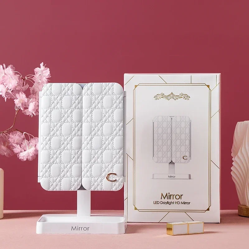 Dreifach faltbarer Make-up-Spiegel mit LED-Licht, drehbarer, niedlicher, kompakter Schreibtisch-Kosmetikspiegel, 3-Ton-Lichter mit 2-facher/3-facher Vergrößerung für Reisen