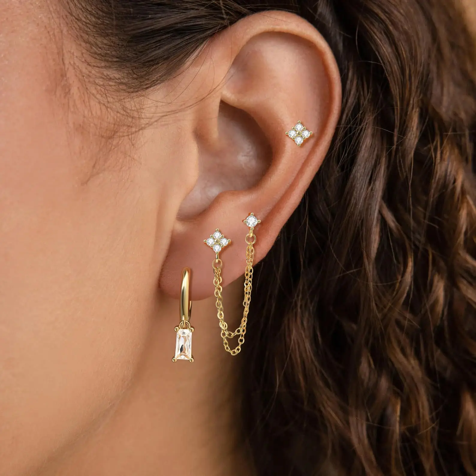 3PCS Trendy Cubic Zirconia Flower Tassel Chain Stud Earrings Set for Women Tiny Geometric Crystal Multiple Ear Piercing Huggies