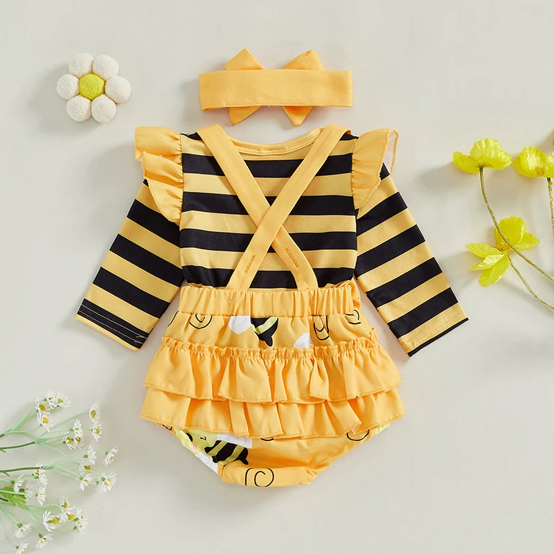 Lovely Baby Girl Sets Autumn Outfits Stripe Bee Print Long Sleeve Romper Suspender Shorts Headband 3Pcs Clothes Set