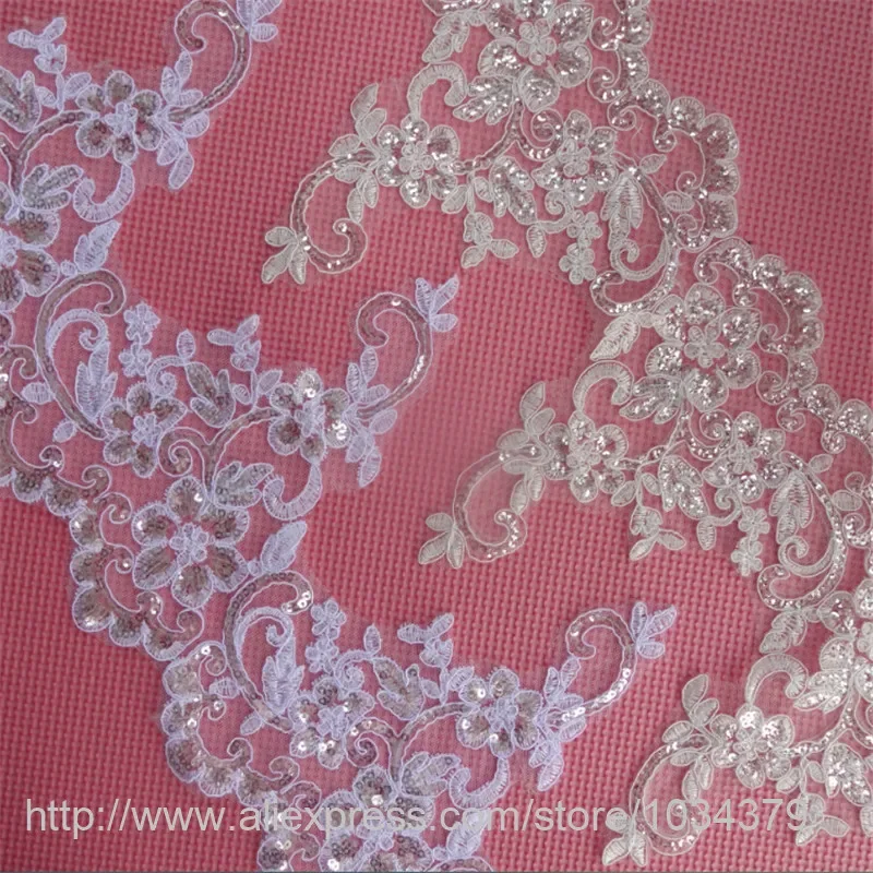 Delicate 1yard 20cm Sequins Ivory White Fabric Flower Venise Venice Lace Trim Applique Sewing Craft for Wedding Dec. LW0049