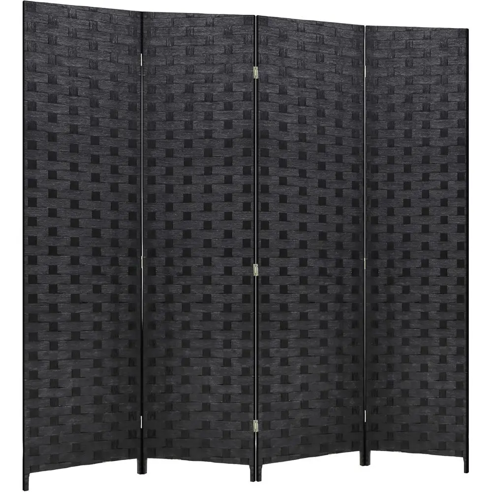 4-Panel Wooden Mesh Room Divider with Portable Design for Home or Office (Coal Black)