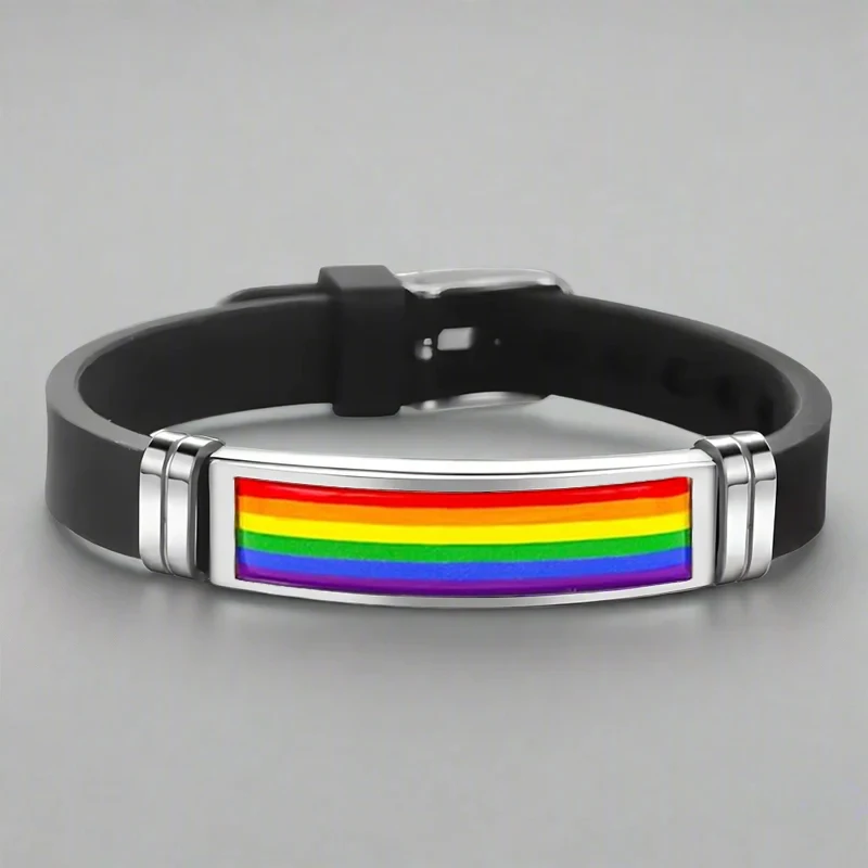 LGBT Pride Bracelet Jewelry Epoxy Rainbow Flag Stainless Steel Silicone Bracelets For Women Men