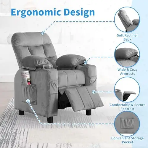 Poltrona reclinabile per bambini con portabicchieri, poltrona lounge regolabile in velluto con poggiapiedi e tasche laterali, grigia