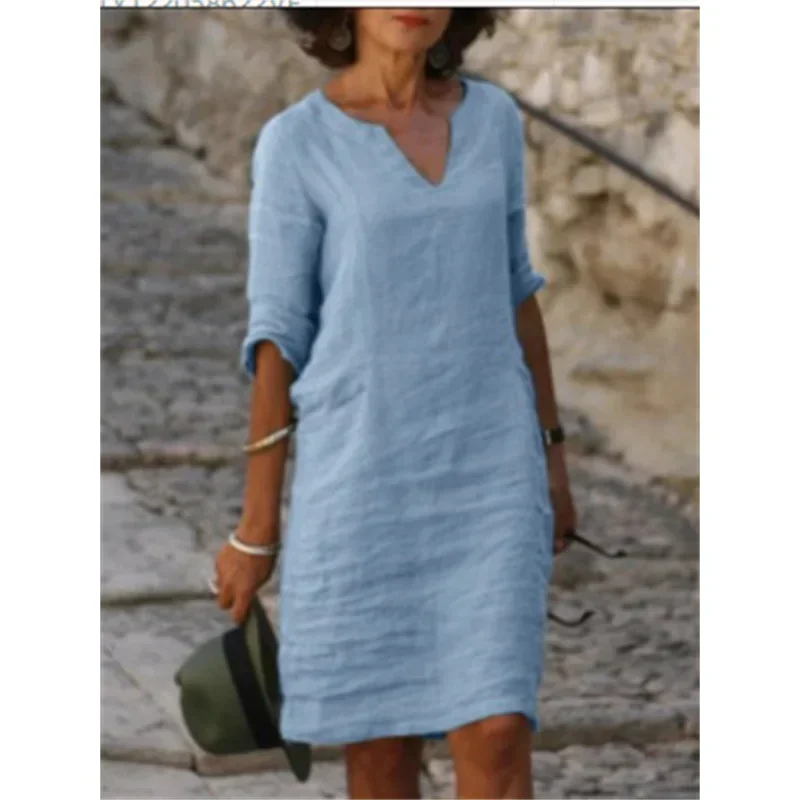 Dress 3 Quarter Vintage Casual V Neck Loose Waist Midi Beach Dress Women Clothing Green Blue Yellow Robe Polyester