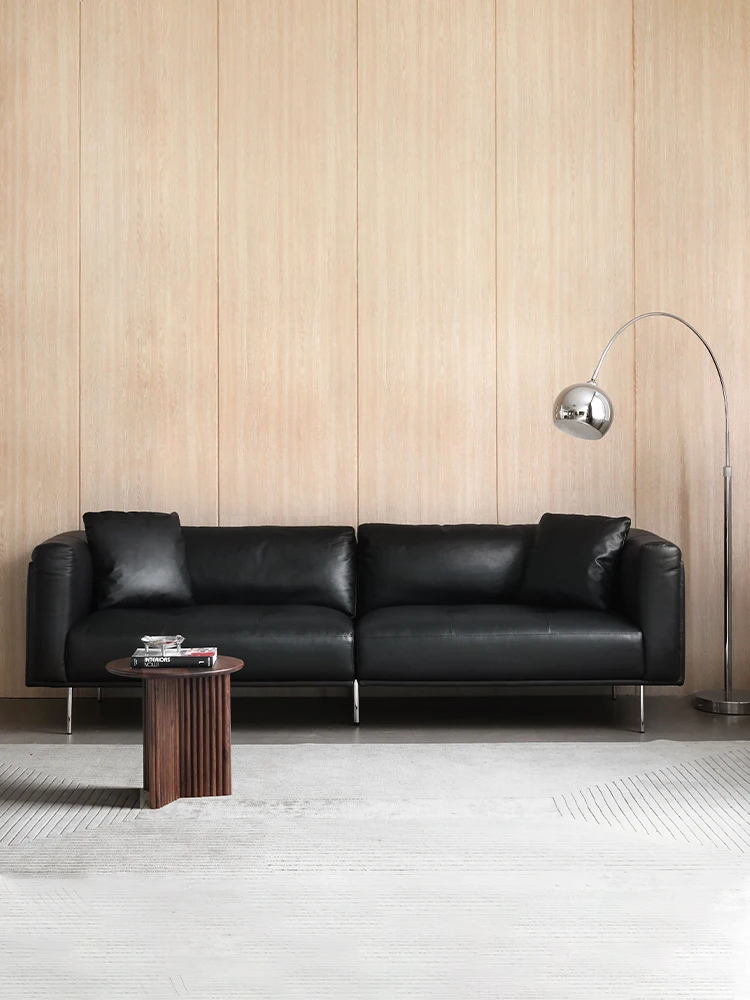 Modern minimalist Italian medieval light luxury full leather sofa head layer cowhide feather black