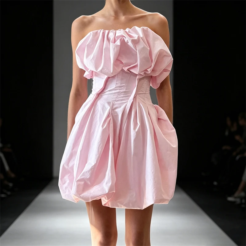 

New Summer Women's PureCotton Pleated Strapless Backless Dress High Quality Stylish Elegant Waist-cinching Mini Sleeveless Dress