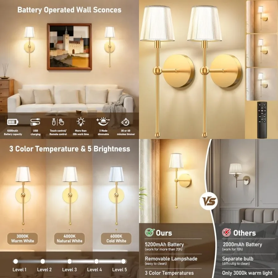 

Battery Operated Wall Sconces Set of 2: Rechargeable Wall Lights with 5200mAh Dimmable Bulbs and Remote, 3 Colors Wireless Wall