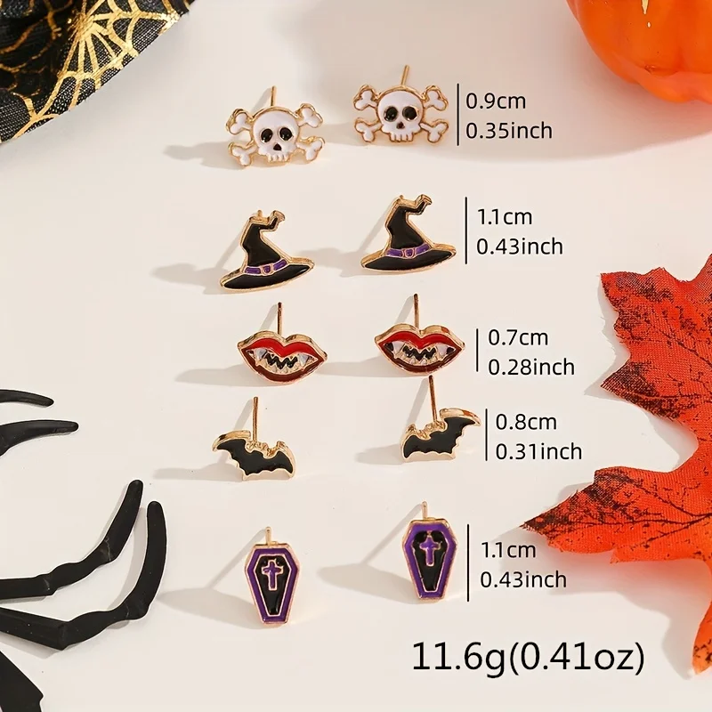 Vedawas 5 paia/set Witch Hat Bat Pumpkin Corn Candy orecchini Set,Halloween ringraziamento accessori donna